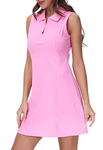 MoFiz Sportkleider Damen Tennis Golf Kleider Ärmellos Sommer Freizeitkleider Baumwolle Polokleid mit Reißverschluss Rosa S von MoFiz