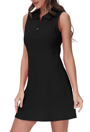 MoFiz Sportkleider Damen Tennis Golf Kleider Ärmellos Sommer Freizeitkleider Baumwolle Polokleid mit Reißverschluss Schwarz L von MoFiz
