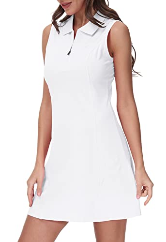 MoFiz Sportkleider Damen Tennis Golf Kleider Ärmellos Sommer Freizeitkleider Baumwolle Polokleid mit Reißverschluss Weiß L von MoFiz