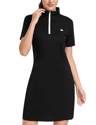 MoFiz Sportkleider Damen Tenniskleid Golfkleid Sommerkleid Baumwolle Freizeitkleider mit Reißverschlusstasche Schwarz-B L von MoFiz