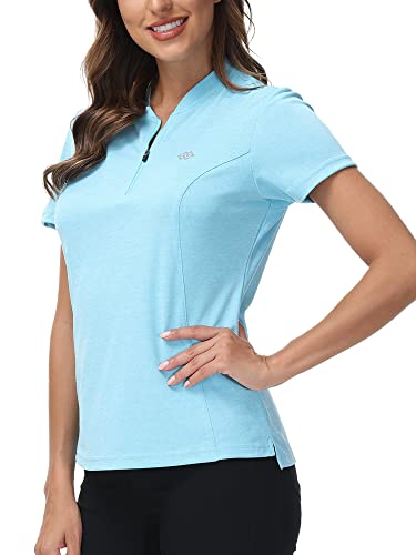 MoFiz Sportshirt Damen Kurzarm Sweatshirt Tops Einfarbig Fitness Shirt Casual Laufshirt mit Halb Reißverschluss Himmelblau S von MoFiz