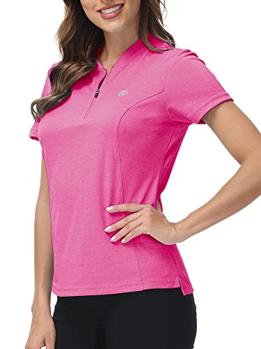 MoFiz Sportshirt Damen Kurzarm Sweatshirt Tops Einfarbig Fitness Shirt Casual Laufshirt mit Halb Reißverschluss Rosa M von MoFiz