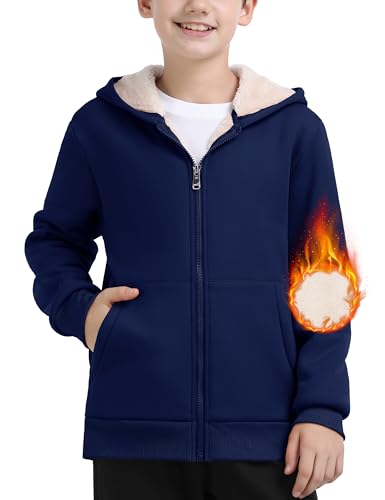 MoFiz Sweatjacke Jungen Winterjacke mit Kapuze Warm Gefüttert Kinder Langarm Kapuzenjacke Voller Reißverschluss Fleecejacke Hoodie Blau M (DE140-152) von MoFiz