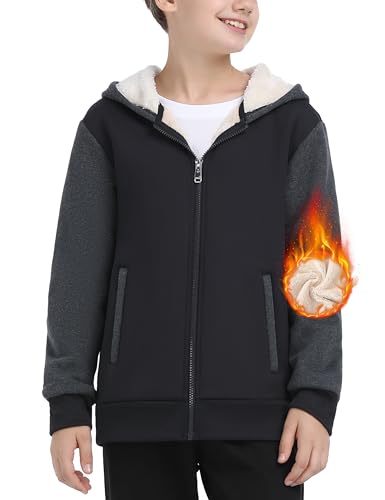 MoFiz Sweatjacke Jungen Winterjacke mit Kapuze Warm Gefüttert Kinder Langarm Kapuzenjacke Voller Reißverschluss Fleecejacke Hoodie Schwarz+Grau L (DE152-164) von MoFiz