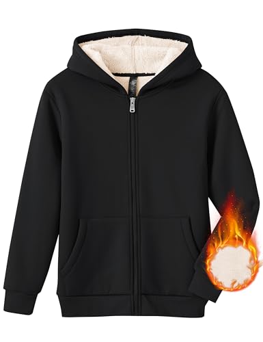 MoFiz Sweatjacke Jungen Winterjacke mit Kapuze Warm Gefüttert Kinder Langarm Kapuzenjacke Voller Reißverschluss Fleecejacke Hoodie Schwarz XL (DE164-176) von MoFiz