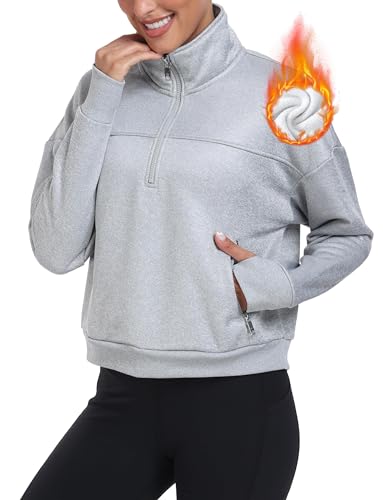 MoFiz Sweatshirt ohne Kapuze Damen Fleecejacke Sweatjacke Kurzer pullover mit Reißverschluss fur Herbst Winter Grau XL von MoFiz