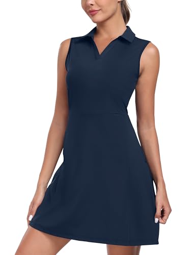 MoFiz Tenniskleid mit Hose Damen Ärmellos V-Ausschnitt Sommer Golf Sportkleider Freizeitkleider Polokleid mit Reißverschlusstaschen Blau EU M von MoFiz