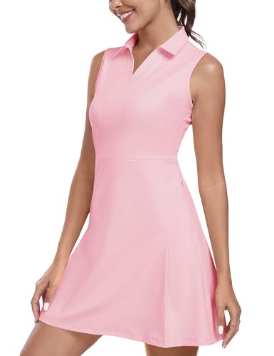 MoFiz Tenniskleid mit Hose Damen Ärmellos V-Ausschnitt Sommer Golf Sportkleider Freizeitkleider Polokleid mit Reißverschlusstaschen Rosa EU M von MoFiz