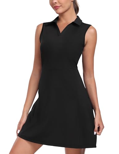 MoFiz Tenniskleid mit Hose Damen Ärmellos V-Ausschnitt Sommer Golf Sportkleider Freizeitkleider Polokleid mit Reißverschlusstaschen Schwarz EU XL von MoFiz