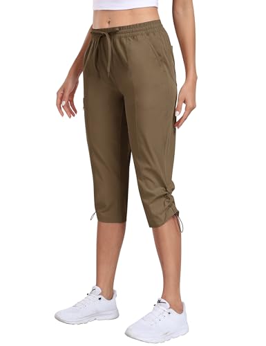 MoFiz Wanderhose Damen Outdoor Cargohose Capri Atmungsaktiv Outdoorhose Schnelltrocken Leichte Atmungsaktive Sporthose Dunkles Khaki XL von MoFiz