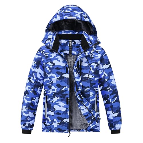 MoFiz Winterjacke Jungen Skijacke Warm Innenfutter Kinder Outdoor Softshelljacken Schneejacke mit Abnehmbare Kapuze X-CD Camouflage Blau, XL (DE164-176) von MoFiz