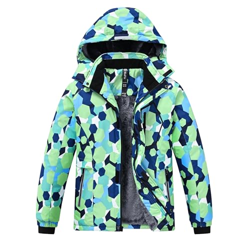 MoFiz Winterjacke Jungen Skijacke Warm Innenfutter Kinder Outdoor Softshelljacken Schneejacke mit Abnehmbare Kapuze X-LS Geometrisch Grün, S (DE128-140) von MoFiz