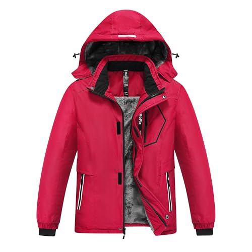 MoFiz Winterjacke Jungen Skijacke Warm Innenfutter Kinder Wasserdichte Winddichte Parka Outdoor Softshelljacken mit Abnehmbare Kapuze Rot L (DE152-164) von MoFiz