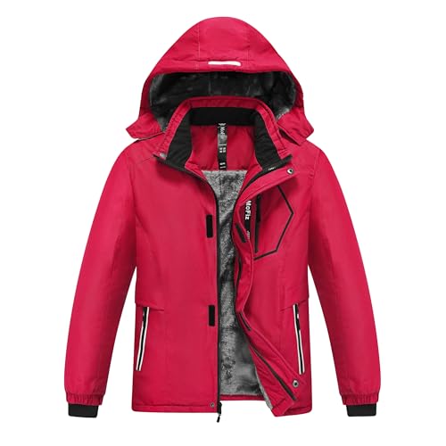 MoFiz Winterjacke Jungen Skijacke Warm Innenfutter Kinder Wasserdichte Winddichte Parka Outdoor Softshelljacken mit Abnehmbare Kapuze Rot S (DE128-140) von MoFiz