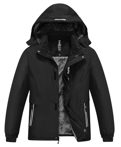 MoFiz Winterjacke Jungen Skijacke Warm Innenfutter Kinder Wasserdichte Winddichte Parka Outdoor Softshelljacken mit Abnehmbare Kapuze Schwarz M (DE140-152) von MoFiz