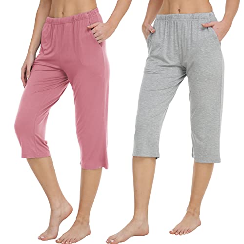 Pyjamahose Damen Schlafhose Schlafanzug 3/4 Hose Freizeithose Stretch Weiche Nachtwäsche Hosen Grau Rosa XL von MoFiz
