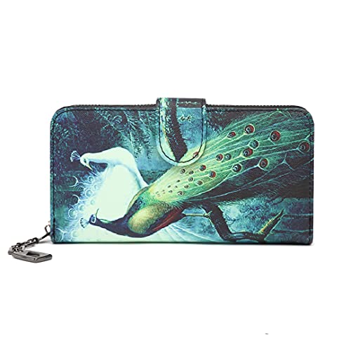 Geldbeutel Damen groß im Langformat, Geldbörse mit Blumen und Blüten Muster im Mandala und Ethno Stil, Portemonnaie mit Reißverschluss und Druckknopf und vielen Fächern(Pfau) von MoFut