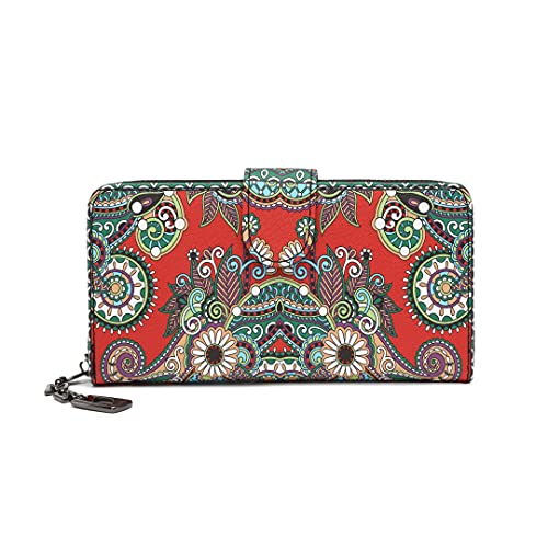 Geldbeutel Damen groß im Langformat, Geldbörse Damen mit Blumen und Blüten Muster im Mandala und Ethno Stil, Portemonnaie Damen mit Reißverschluss und Druckknopf und vielen Fächern (Saflor). von MoFut
