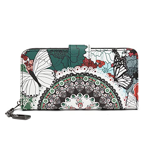 Geldbeutel Damen groß im Langformat, Geldbörse mit Blumen und Blüten Muster im Mandala und Ethno Stil, Portemonnaie mit Reißverschluss und Druckknopf und vielen Fächern von MoFut