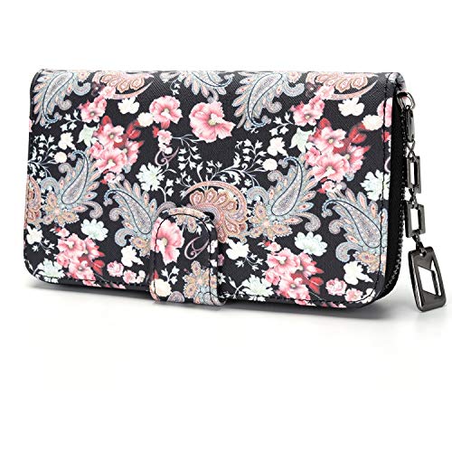 Geldbeutel Damen groß im Langformat, Geldbörse mit Blumen und Blüten Muster im Mandala und Ethno Stil, Portemonnaie mit Reißverschluss und Druckknopf und vielen Fächern (Floral Dreams). von MoFut