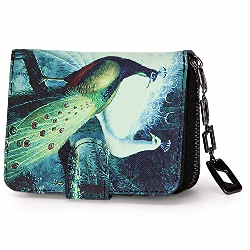 Geldbeutel Damen klein im Kurzformat, Geldbörse Damen mit Blumen und Blüten Muster im Mandala und Ethno Stil, Portemonnaie mit Reißverschluss und Druckknopf und vielen Fächern （Pfau von MoFut