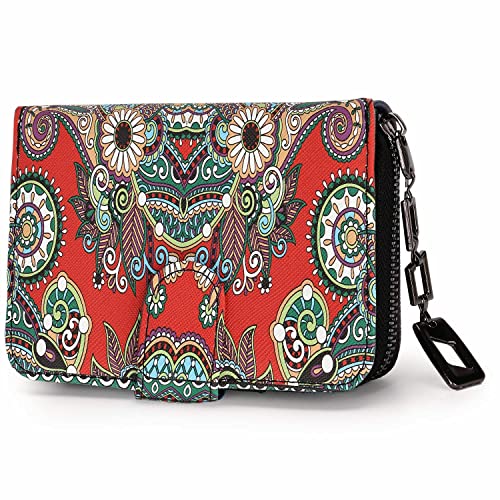 Geldbeutel Damen klein im Kurzformat, Geldbörse Damen mit Blumen und Blüten Muster im Mandala und Ethno Stil, Portemonnaie mit Reißverschluss und Druckknopf und vielen Fächern (Saflor). von MoFut