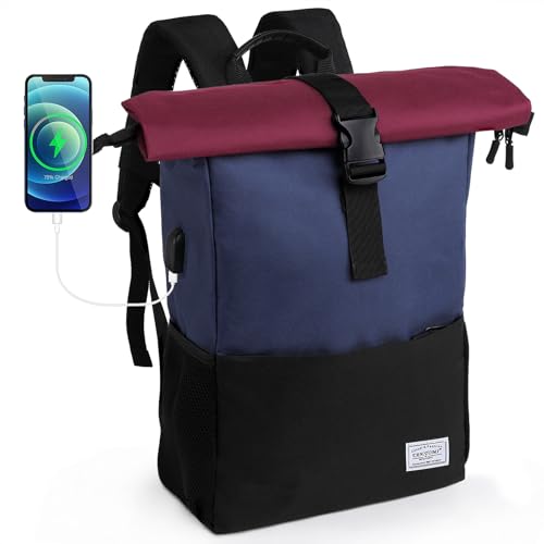 MoFut Rucksack Damen Herren Groß Schulrucksack viele Fächer mit 15,6" Laptopfach, Unisex Wasserdichter Rolltop Rucksack, Lässiger Backpack Schule Freizeit Uni Arbeit Wandern(Blau-Purpel). von MoFut