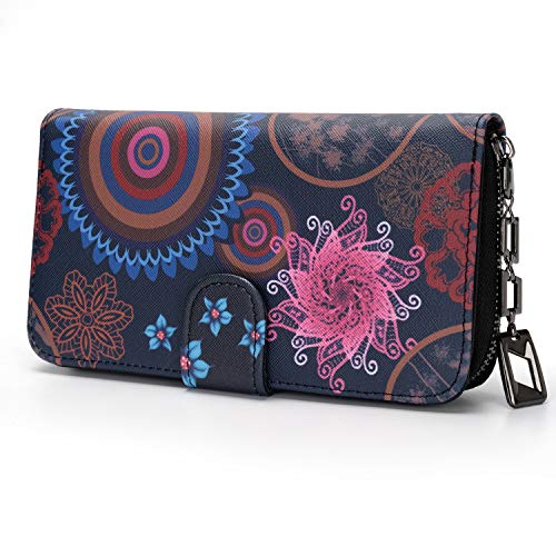 Geldbeutel Damen groß im Langformat, Geldbörse mit Blumen und Blüten Muster im Mandala und Ethno Stil, Portemonnaie mit Reißverschluss und Druckknopf und vielen Fächern (Mandala Black). von MoFut