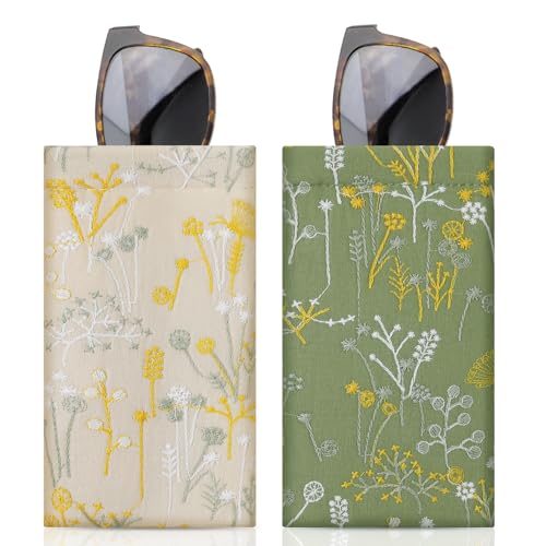 MoKo Polyester Brillenetui mit Band, Doppelt Squeeze Top Mode Sonnenbrillen Taschen, Weiches Baumwolle Tragebar Sonnenbrillen Aufbewahrungstasche mit Handschlaufe für Frauen Männer, Blumen Grün & Gelb von MoKo