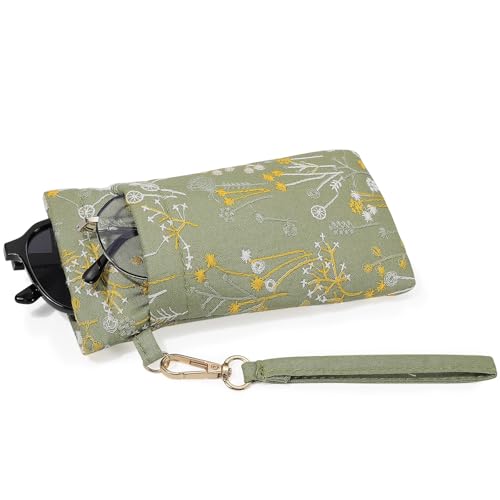 MoKo Polyester Brillenetui mit Band, Doppelt Squeeze Top Mode Sonnenbrillen Taschen, Weiches Baumwolle Tragebar Sonnenbrillen Aufbewahrungstasche mit Handschlaufe für Frauen Männer, Grün & Blumen von MoKo