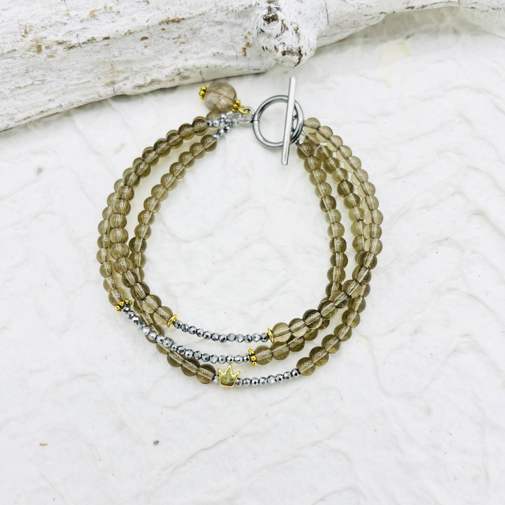 Armband 3-Reihig Rauchquarz Hämatit Knebelverschluß Edelstahl von MoandaSchmuck