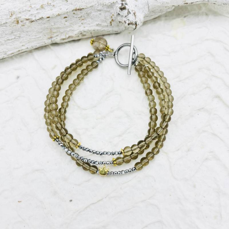 Armband 3-Reihig Rauchquarz Hämatit Knebelverschluß Edelstahl von MoandaSchmuck