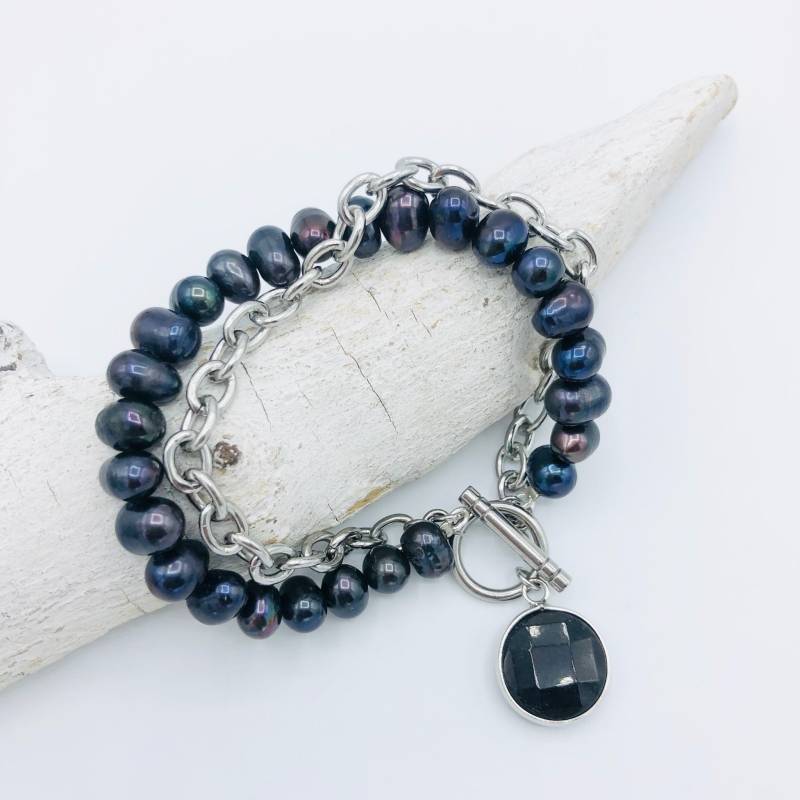 Armband Große Süßwasserperlen Schwarz Gliederkette Edelstahl Stainless Steel von MoandaSchmuck