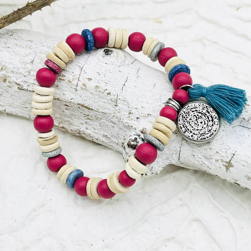 Armband Holzperlen Kokosscheiben Quaste Blau Armband Holzperlen Kokosscheiben Quaste Blau von MoandaSchmuck