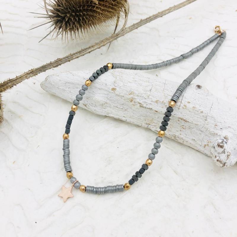 Kurze Kette Sterling Silber Hämatit Grau Stern Rosegold Kurze Kette Sterling Silber Hämatit Grau Stern Rosegold von MoandaSchmuck