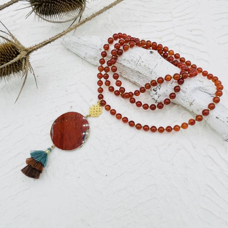 Lange Kette Karneol Karneolscheibe Naturstein Rotbraun Quaste Boho Lange Kette Karneol Karneolscheibe Naturstein Rotbraun Quaste Boho von MoandaSchmuck