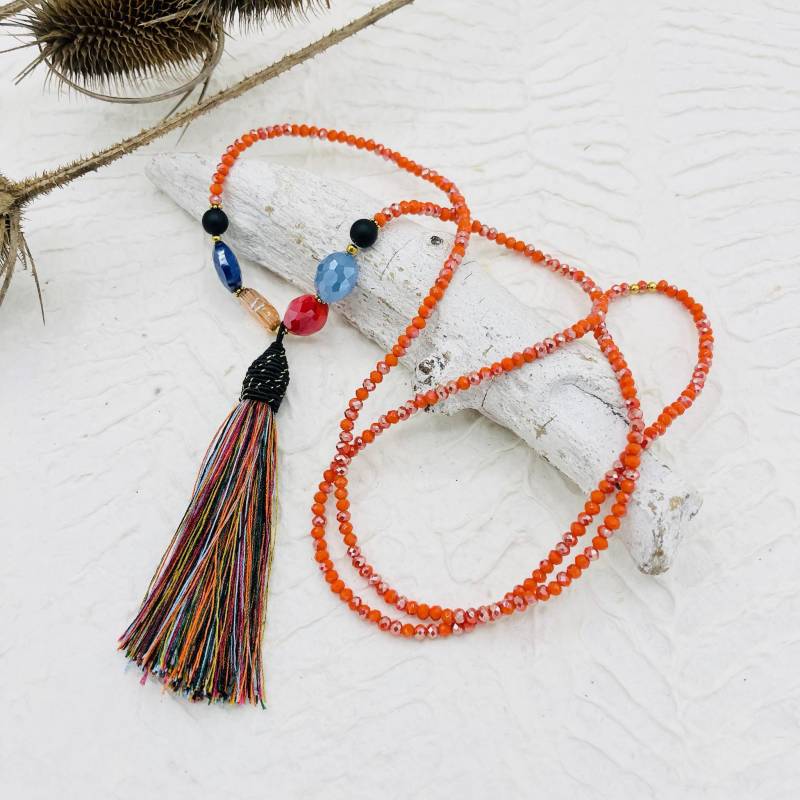 Lange Kette Orange Glasperlen Boho Hippie Bunte Quaste Lange Kette Orange Glasperlen Boho Hippie Bunte Quaste von MoandaSchmuck