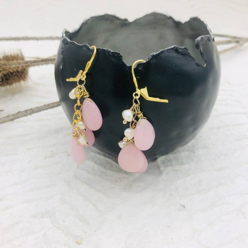 Ohrhänger Echtsilber 925 Sterling Silver Vergoldet Rosenquarz Süßwasserperlen Ohrhänger Echtsilber 925 Sterling Silver Vergoldet Rosenquarz Süßwasserperlen von MoandaSchmuck