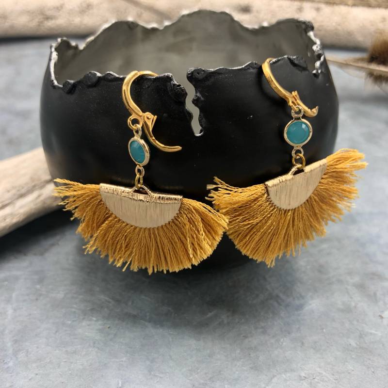 Ohrhänger Fächerquaste Ocker Türkis Gold Boho von MoandaSchmuck