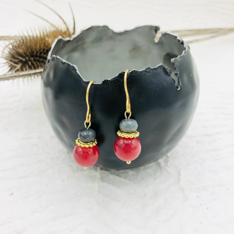 Ohrhänger Ohrringe Jade Rot Grau Edelstahlhaken Ohrhänger Ohrringe Jade Rot Grau Edelstahlhaken von MoandaSchmuck