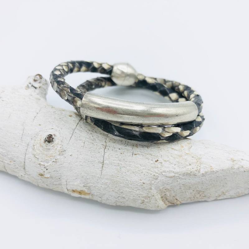 Wickelarmband Schlangenleder Tube Edelstahl von MoandaSchmuck