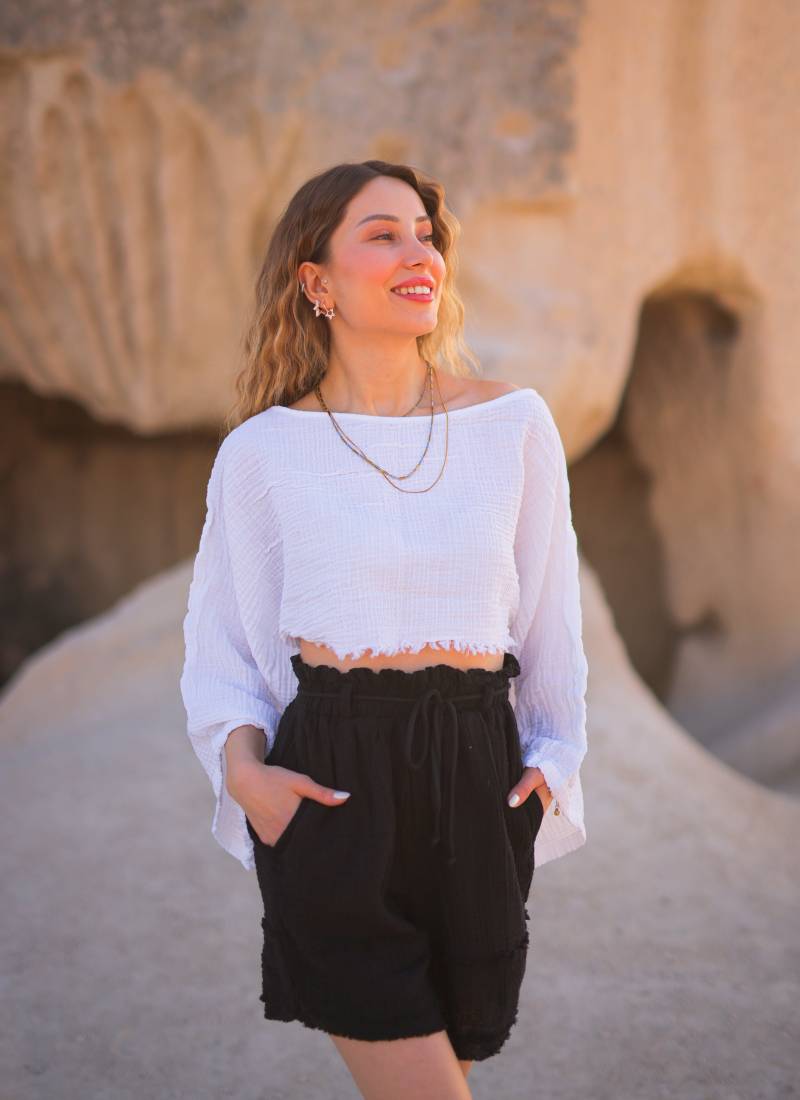 Weiß Musselin Baumwolle Crop Top Schulterfrei Boho Crinkle Bluse von Moatextile