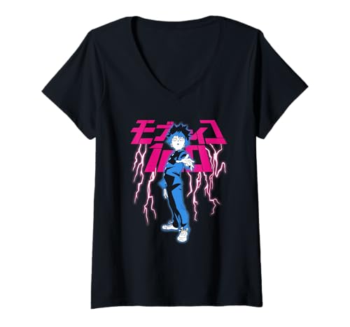 Damen Mob Psycho 100 Shigeo with Pink Lightning and Kanji Anime T-Shirt mit V-Ausschnitt von Mob Psycho 100