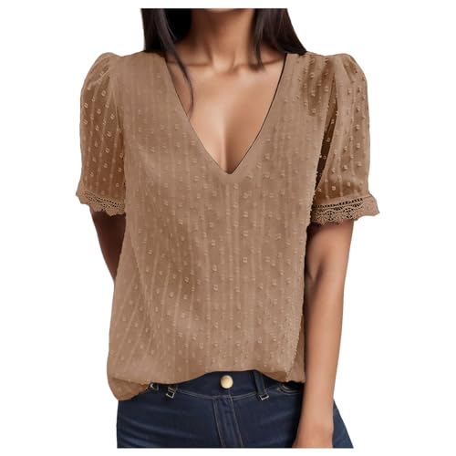 Bluse Damen Kurzarm - Boho Spitzen Oberteile Damen, V-Ausschnitt Doppellagig Tunika Elegant Frühling T-Shirt Tops Curvy Mode Trachtenbluse Sommer Trachtenshirt Festliche Blusen Khaki L von Mobanna