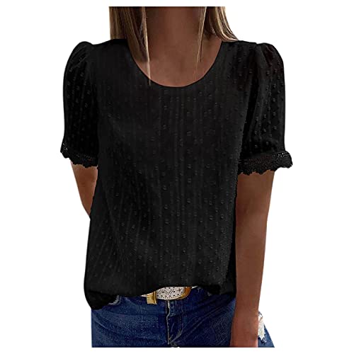 Bluse Damen Kurzarm - Boho Spitzen Oberteile Damen, V-Ausschnitt Doppellagig Tunika Elegant Frühling T-Shirt Tops Curvy Mode Trachtenbluse Sommer Trachtenshirt Festliche Blusen Schwarz XXL von Mobanna