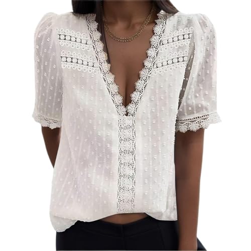 Bluse Damen Kurzarm - Boho Spitzen Oberteile Damen, V-Ausschnitt Doppellagig Tunika Elegant Frühling T-Shirt Tops Curvy Mode Trachtenbluse Sommer Trachtenshirt Festliche Blusen WeiB L von Mobanna