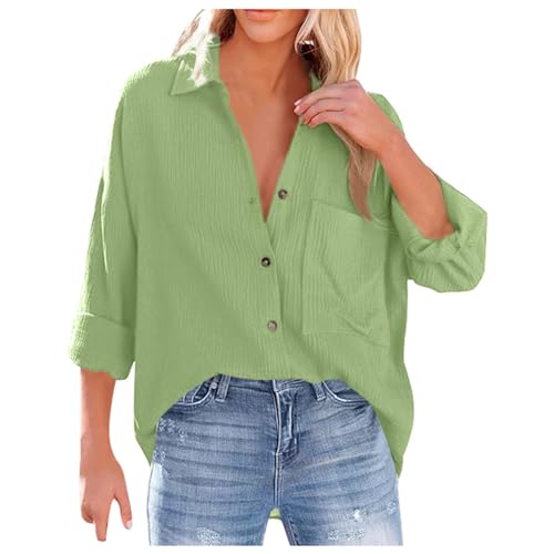 Bluse Damen Langarm mit V-Ausschnitt 100% Baumwolle Hemdbluse Lockere Passform Solide Dickes Oberteil Oversize Bluse mit Brusttaschen Tops Grün L von Mobanna