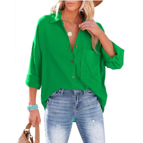 Bluse Damen Langarm mit V-Ausschnitt 100% Baumwolle Hemdbluse Lockere Passform Solide Dickes Oberteil Oversize Bluse mit Brusttaschen Tops Grün XXL von Mobanna