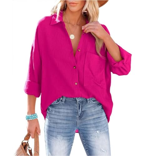 Bluse Damen Langarm mit V-Ausschnitt 100% Baumwolle Hemdbluse Lockere Passform Solide Dickes Oberteil Oversize Bluse mit Brusttaschen Tops Hot Pink XL von Mobanna