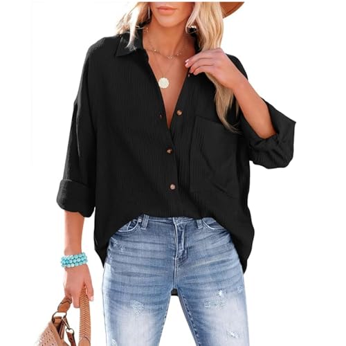 Bluse Damen Langarm mit V-Ausschnitt 100% Baumwolle Hemdbluse Lockere Passform Solide Dickes Oberteil Oversize Bluse mit Brusttaschen Tops Schwarz L von Mobanna